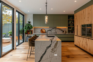 Functional and Minimalist Kitchen Design with Wood and Green Palette in a Suburban Melbourne Home, Illuminated by Daylight.