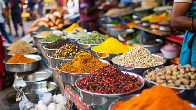 A traditional Indian spice bazaar bustling with vendors selling colorful spices, herbs, and condiments for Indian cooking.