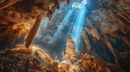 Amazing karst cave inside mountain, dark cavern with beams of light from hole above. Theme of travel, wild nature, subterranean, landscape, park, opening