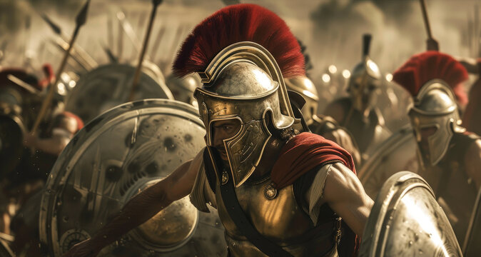 Spartans in armor during battle, Ancient Greek warriors on battlefield, soldiers with bronze helmets and shields. Theme of history, Sparta, fight, Greece, war, people