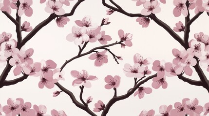 Seamless floral pattern with stylized pink cherry blossoms on branches