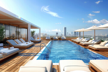 Fototapeta premium A rooftop pool deck offering panoramic views of the surrounding cityscape, complete with plush lounge chairs and cabanas for sunbathing and relaxation. Generative Ai.