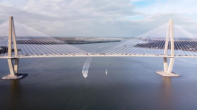 Arthur Ravenel Jr Bridge, Connects Charleston to Mount Pleasant, Aerial Cinematic View, South Carolina, USA. Passes over the Cooper River.