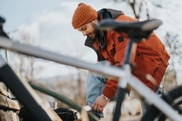 A trendy individual in casual wear adjusts his bike in an outdoor setting, exemplifying an active...