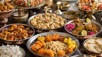 Obraz premium A traditional Indian wedding banquet featuring an extravagant spread of festive dishes, desserts, and sweets.