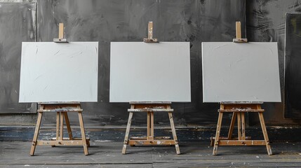 Gray background, wooden base, and white sheets with three easels