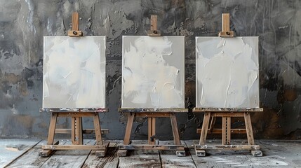 An easel, a wooden base, and white sheets on a gray background