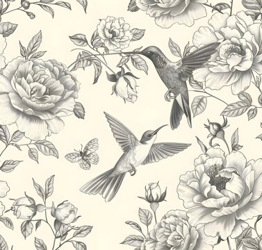 seamless pattern Vintage Toile Peonies and Hummingbirds, white and blue, white and black Vintage Pattern, Floral Patterns , floral background , vector illustration, detailed monochrome drawing,