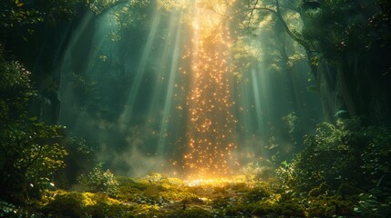 With beams of golden light streaming through a dense forest illuminated by the soft glow of a mystical portal