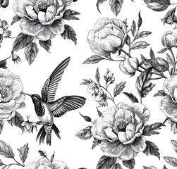 Fototapeta premium seamless pattern Vintage Toile Peonies and Hummingbirds, white and blue, white and black Vintage Pattern, Floral Patterns , floral background , vector illustration, detailed monochrome drawing,