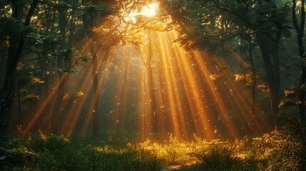 Create an illustration of a dense forest illuminated by a mystical portal, with golden beams of light shining through