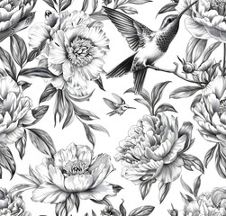 seamless pattern Vintage Toile Peonies and Hummingbirds, white and blue, white and black Vintage Pattern, Floral Patterns , floral background , vector illustration, detailed monochrome drawing,