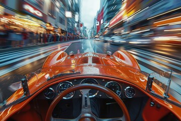 Speed and motion are encapsulated as a vintage car races through the city streets with a motion blur background