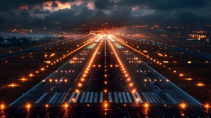 View runway edge lights, threshold lights, and approach lights from the overhead view of an airport runway