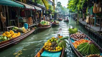 A traditional Thai floating market bustling with vendors selling fresh fruits, vegetables, and local delicacies by boat.