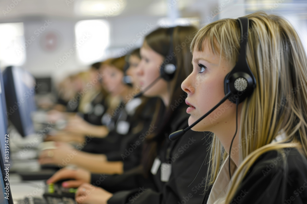 Poster a customer service call center where agents field inquiries and resolve issues with professionalism 