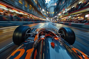 This high-speed shot features a modern race car whizzing through an urban setting, showcasing the merge of technology and racing