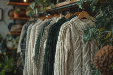 Assortment of warm, cozy knit sweaters hanging on a vintage wooden rack with green plants in background