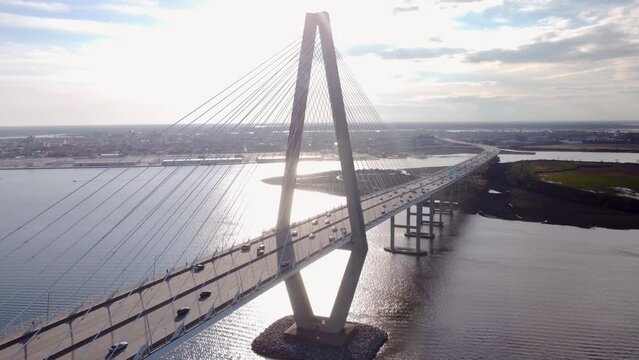 Arthur Ravenel Jr Bridge, Connects Charleston to Mount Pleasant, Aerial Cinematic View, South Carolina, USA. Passes over the Cooper River.