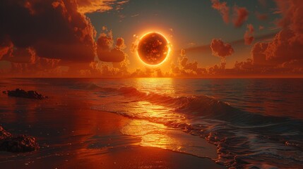 The sun rises at sunset during a total solar eclipse  from the beach
