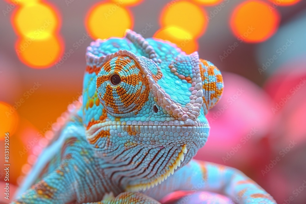 Poster colorful close-up of a chameleon with detailed scales against a backdrop of soft bokeh lights