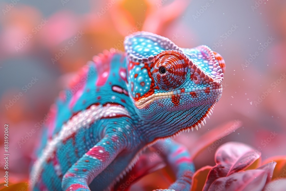 Poster a chameleon peering curiously through a colorful foliage setup with a focus on its eye and scales