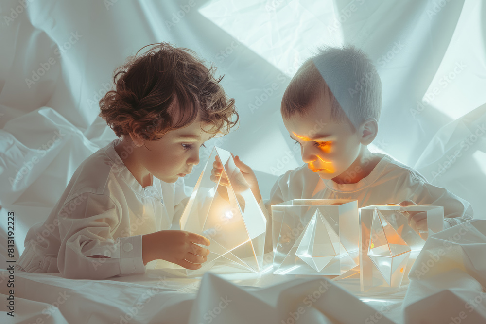 Poster curious minds exploring the properties of light through optical experiments and activities, bending 