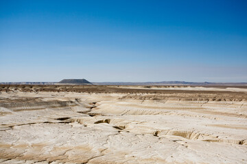 Kyzylkup plateau landscape, Mangystau desert. Rock strata formations