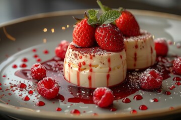 An artistically presented panna cotta dessert bursts with strawberries and raspberries, drizzled...