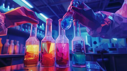 scientist hold flasks contain colorful liquid reactant to testing new product