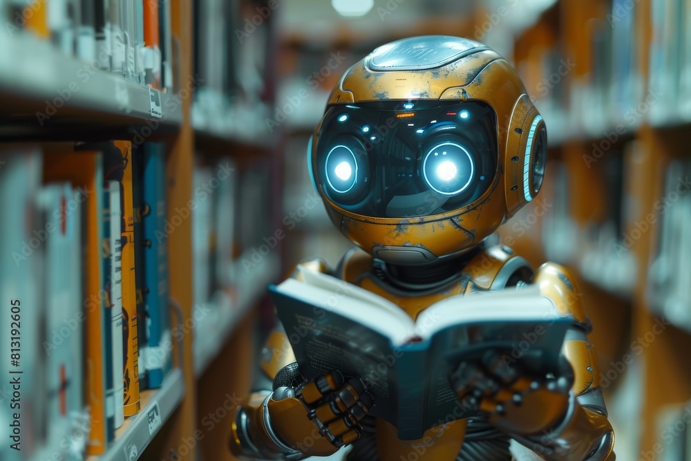 Poster an imaginative depiction of an old, rusty robot immersed in reading, surrounded by bookshelves, hint