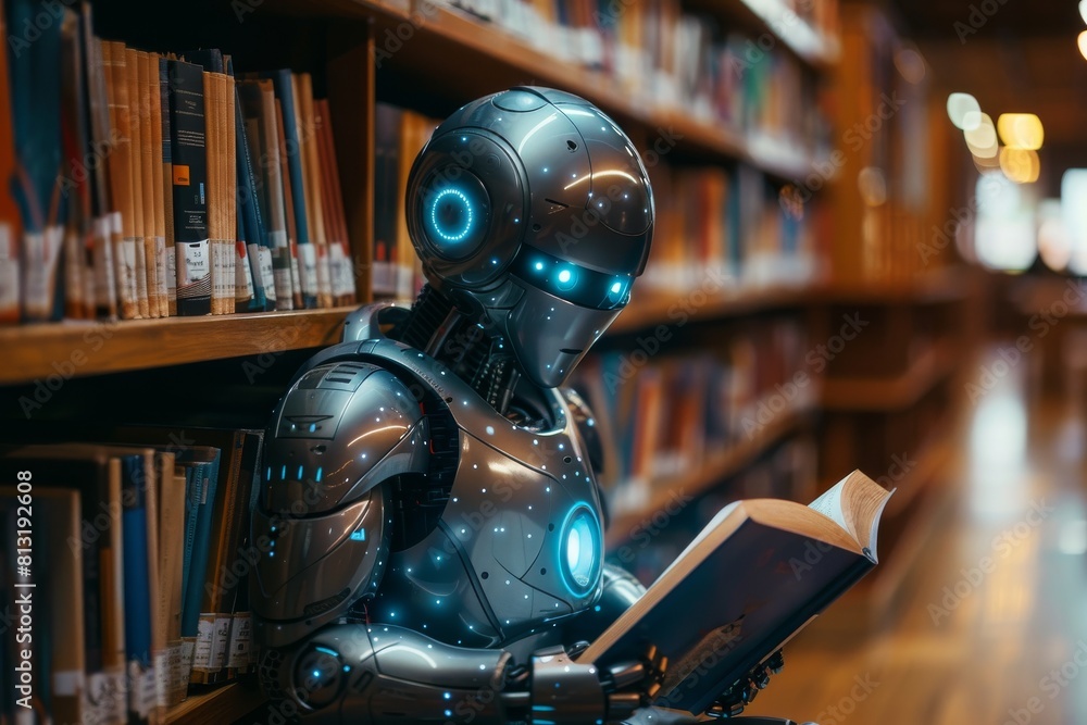 Poster a highly detailed portrayal of an advanced humanoid robot engrossed in reading, set against the back