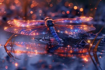 This image captures a luminous dragonfly with light-infused wings resting on a reflective water surface amidst glittering lights