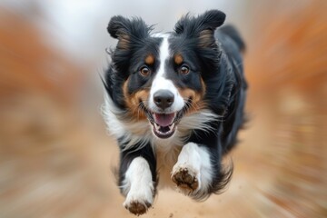 High-energy shot of a joyful Border Collie speeding towards camera with a blurred background