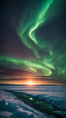 A stunning view of the Northern Lights over a frozen river, with the sun setting in the background.