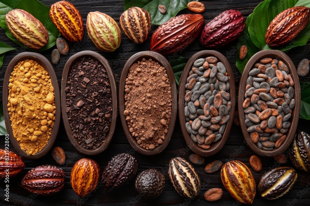 Poster whole cacao pods complement a selection of cocoa powders and beans for a full chocolate experience