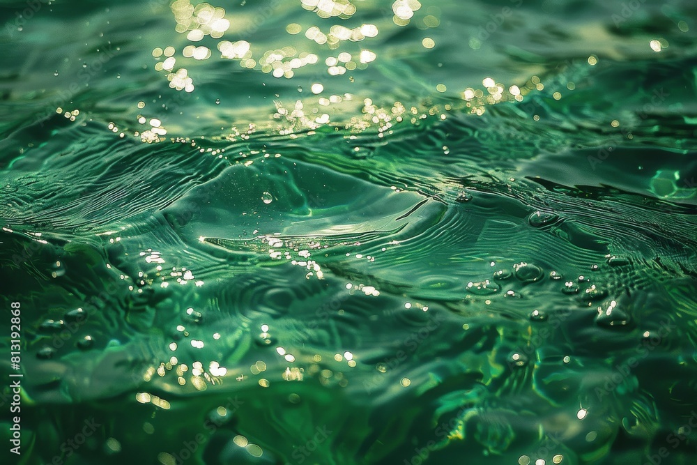 Poster close-up image showing the glimmering sunlight reflecting off the textured surface of a calm sea, cr