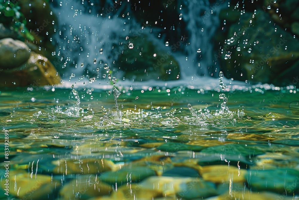 Aufkleber close-up showing a lively splash of water creating cheerful droplets above colorful pebbles in a nat