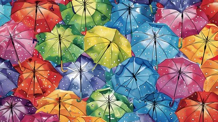 Fototapeta na wymiar Seamless pattern background of Colorful Rainbow Umbrellas featuring a multitude of colorful umbrellas , evoking the whimsy and brightness of rainy day walks and city streets adorned with umbrellas