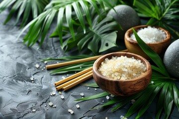 Exquisite wooden bowls with bath salt situated amongst lush palm leaves portraying an exotic spa atmosphere