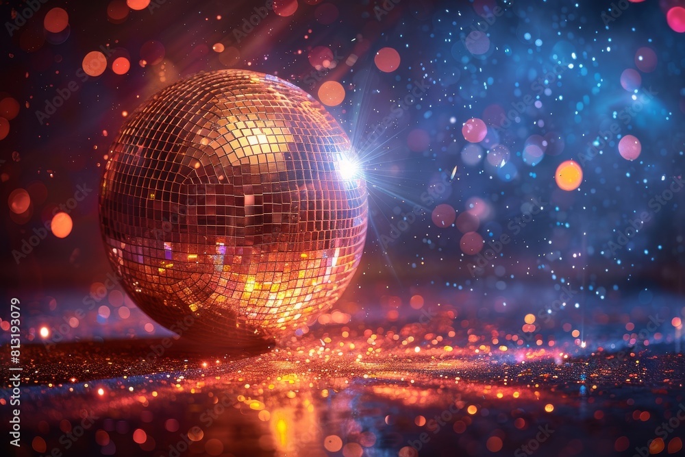 Poster a sparkling disco ball illuminated with colorful lights creating a dreamy bokeh effect
