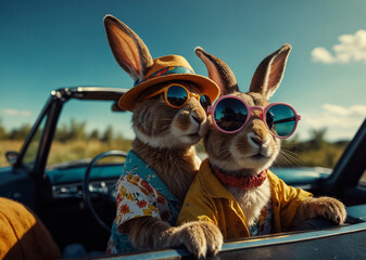 Two Bunny Friends Traveling in their Own Car.
