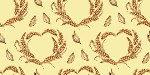 Wheat ears in the shape of a heart and grains on a yellow background watercolor illustration. Ears of ripe golden wheat isolated from background. For menus, banners, poster printing, recipes, labels, 