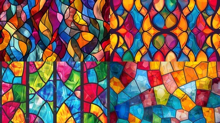 Seamless pattern background of colorful stained glass windows with vibrant color palette