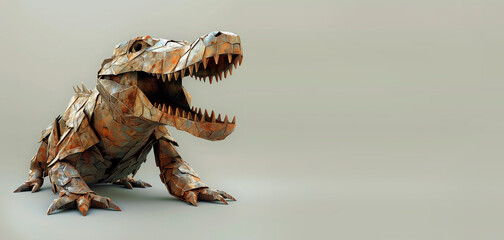 Fototapeta premium Metal sculpture of a crocodile. A sculpture made of rust-coated iron, a large crocodile, a predator. Angular stylish alligator sculpture. Empty space for text