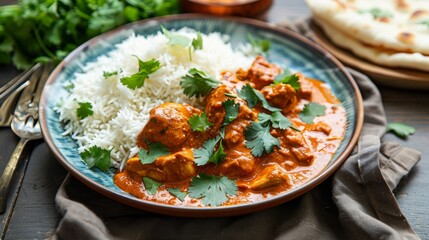 A vibrant plate of butter chicken served with fragrant basmati rice, naan bread, and garnished with fresh cilantro.