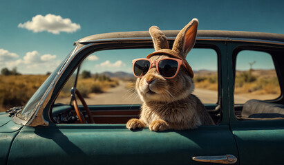 A Bunny on a Road Trip in His Car.