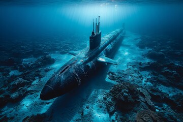 The underwater image highlights a submarine on the ocean floor bathed in a blue light, creating a serene yet mysterious atmosphere