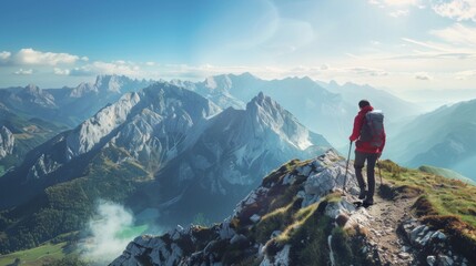 Fototapeta premium An adventurous hiker conquering a rugged mountain trail, surrounded by stunning panoramic views.