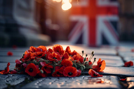 Poignant image capturing remembrance day poppies lying on the ground with a blurred union jack flag in the sunset light
